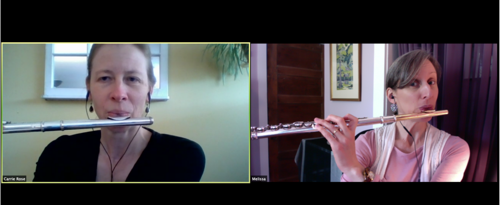 Melissa teaching virtually with Flute-a-rama colleague